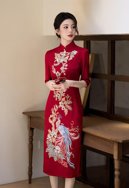 Women's Red Embroidered Qipao Cheongsam Dress – additional product view