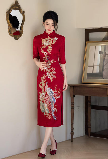 Women's Red Embroidered Qipao Cheongsam Dress
