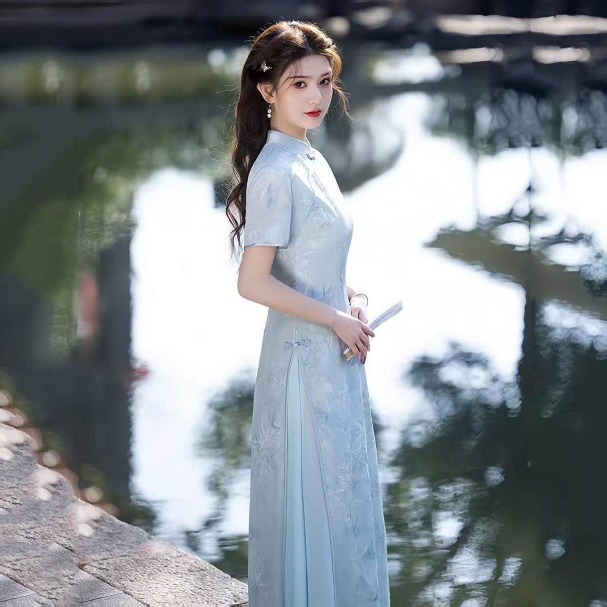 Women's Blue Vintage Qipao Cheongsam Dress – Maxi – additional product view