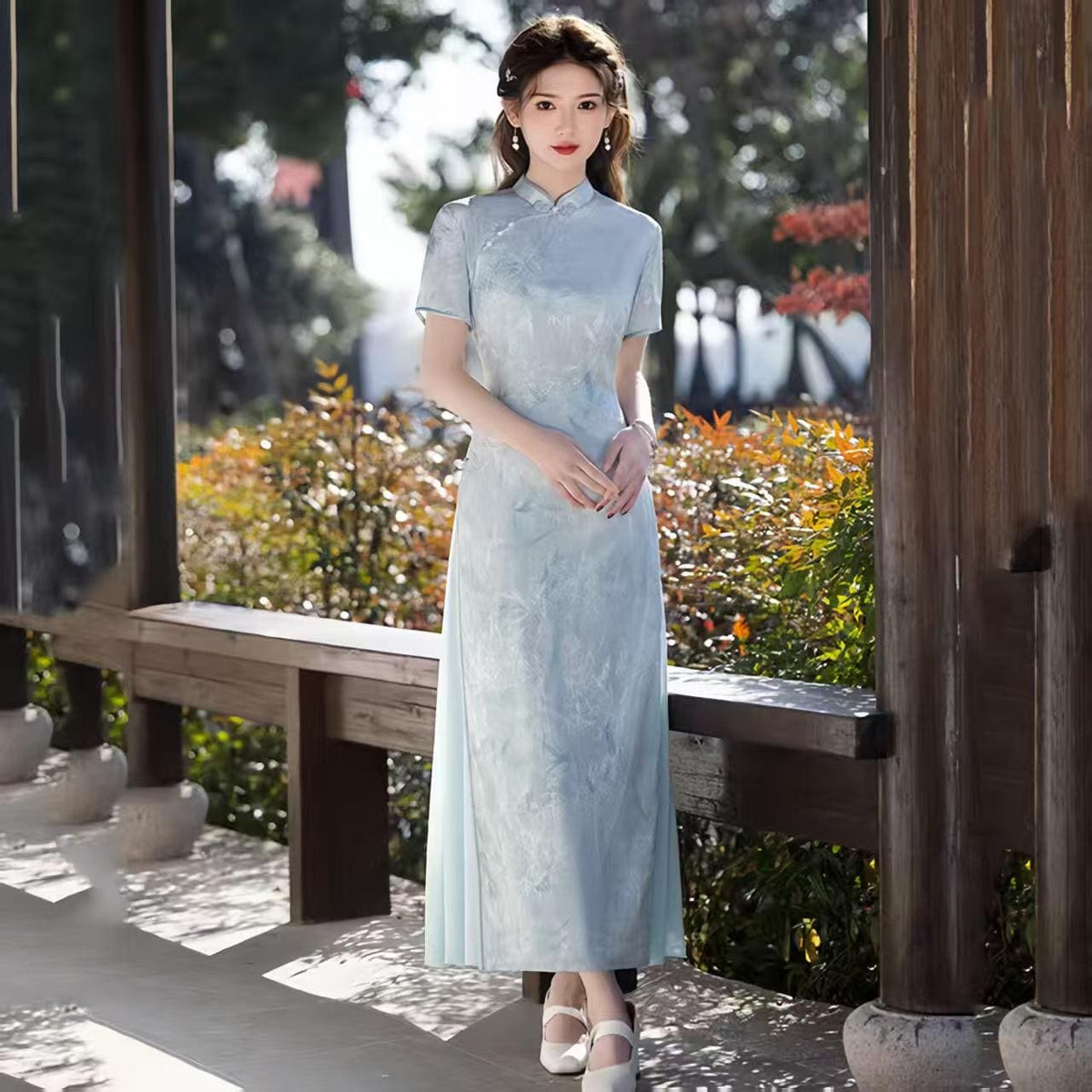 Women's Blue Vintage Qipao Cheongsam Dress – Maxi – additional product view
