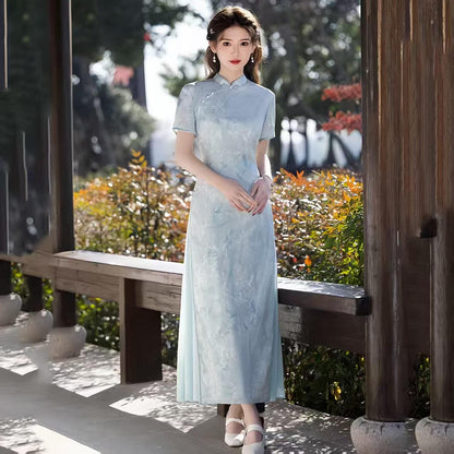 Women's Blue Vintage Qipao Cheongsam Dress – Maxi – additional product view
