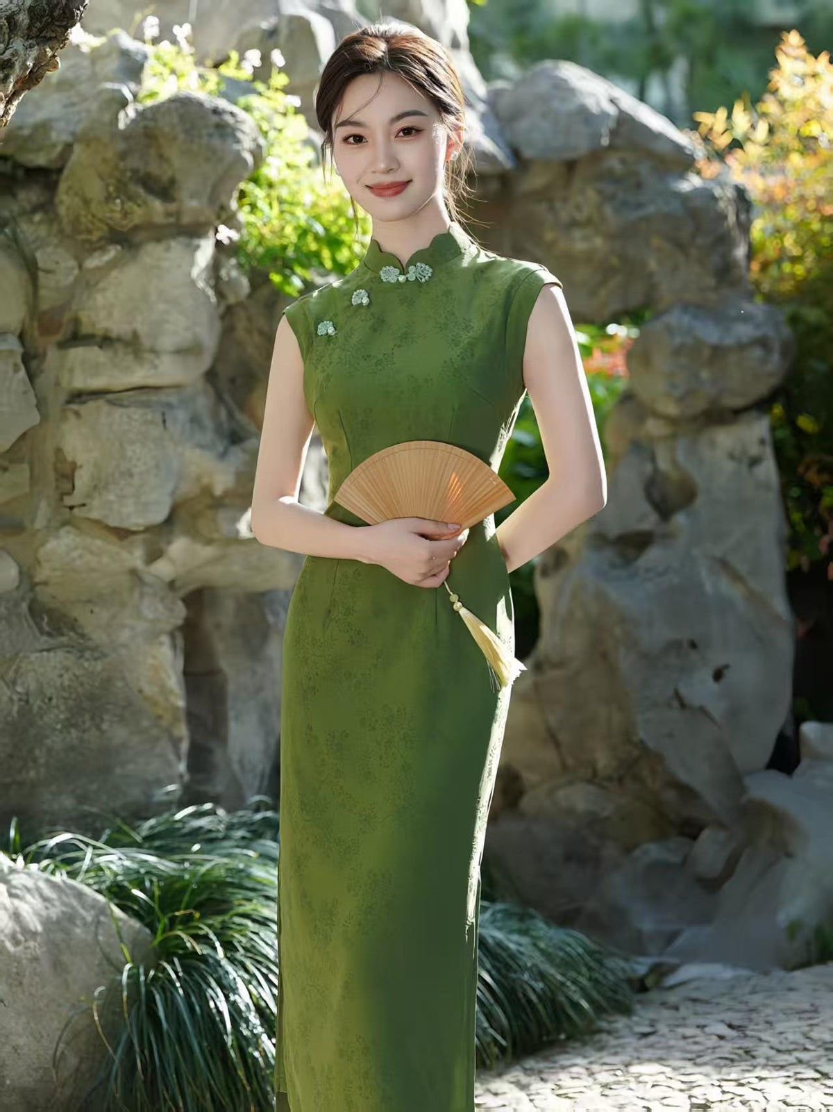 Women's Green Elegant Qipao Cheongsam Dress – Jacquard Maxi Fitted – additional product view