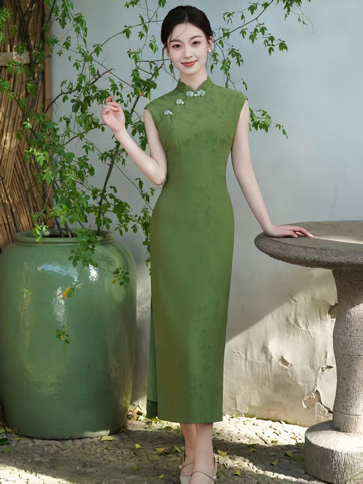 Women's Green Elegant Qipao Cheongsam Dress – Jacquard Maxi Fitted – additional product view
