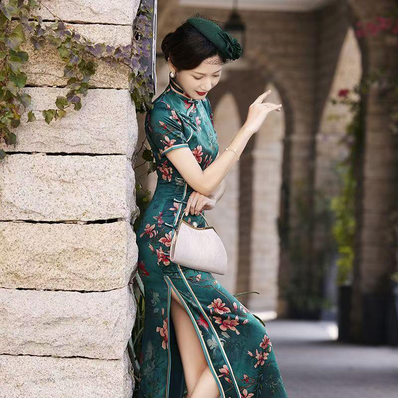 Women's Green Floral Silk Qipao Cheongsam Dress – Maxi – additional product view