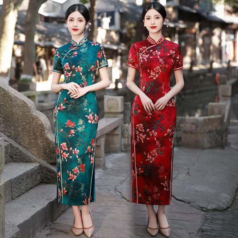 Women's Green Floral Silk Qipao Cheongsam Dress – Maxi – additional product view
