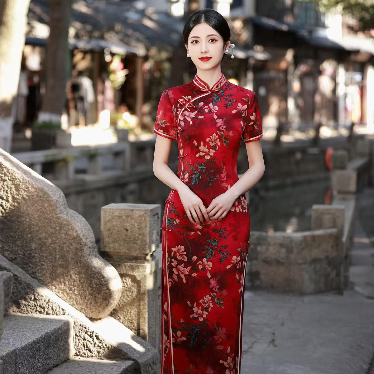 Women's Green Floral Silk Qipao Cheongsam Dress – Maxi – additional product view