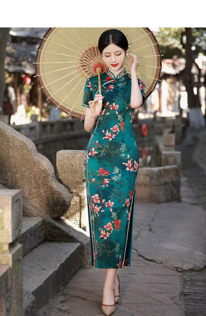Women's Green Floral Silk Qipao Cheongsam Dress – Maxi