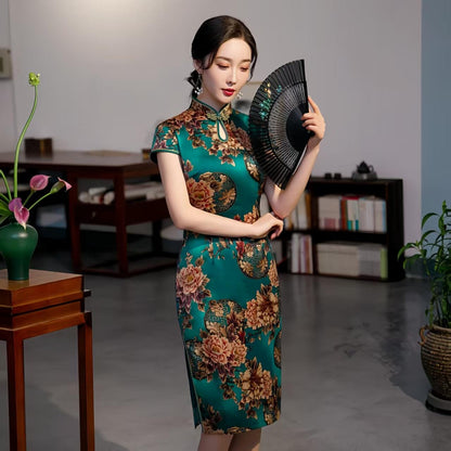 Women's Green Floral Qipao Cheongsam Dress – additional product view