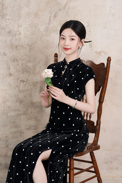 Women's Black Vintage Velvet Qipao Cheongsam Dress – Polka Dot Fitted – additional product view