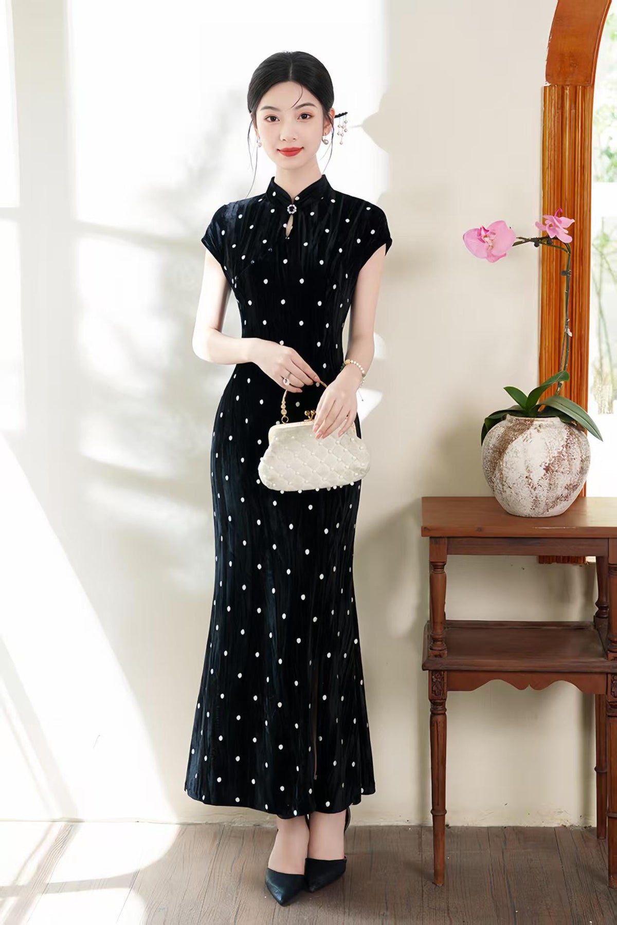Women's Black Vintage Velvet Qipao Cheongsam Dress – Polka Dot Fitted – additional product view
