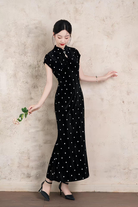 Women's Black Vintage Velvet Qipao Cheongsam Dress – Polka Dot Fitted