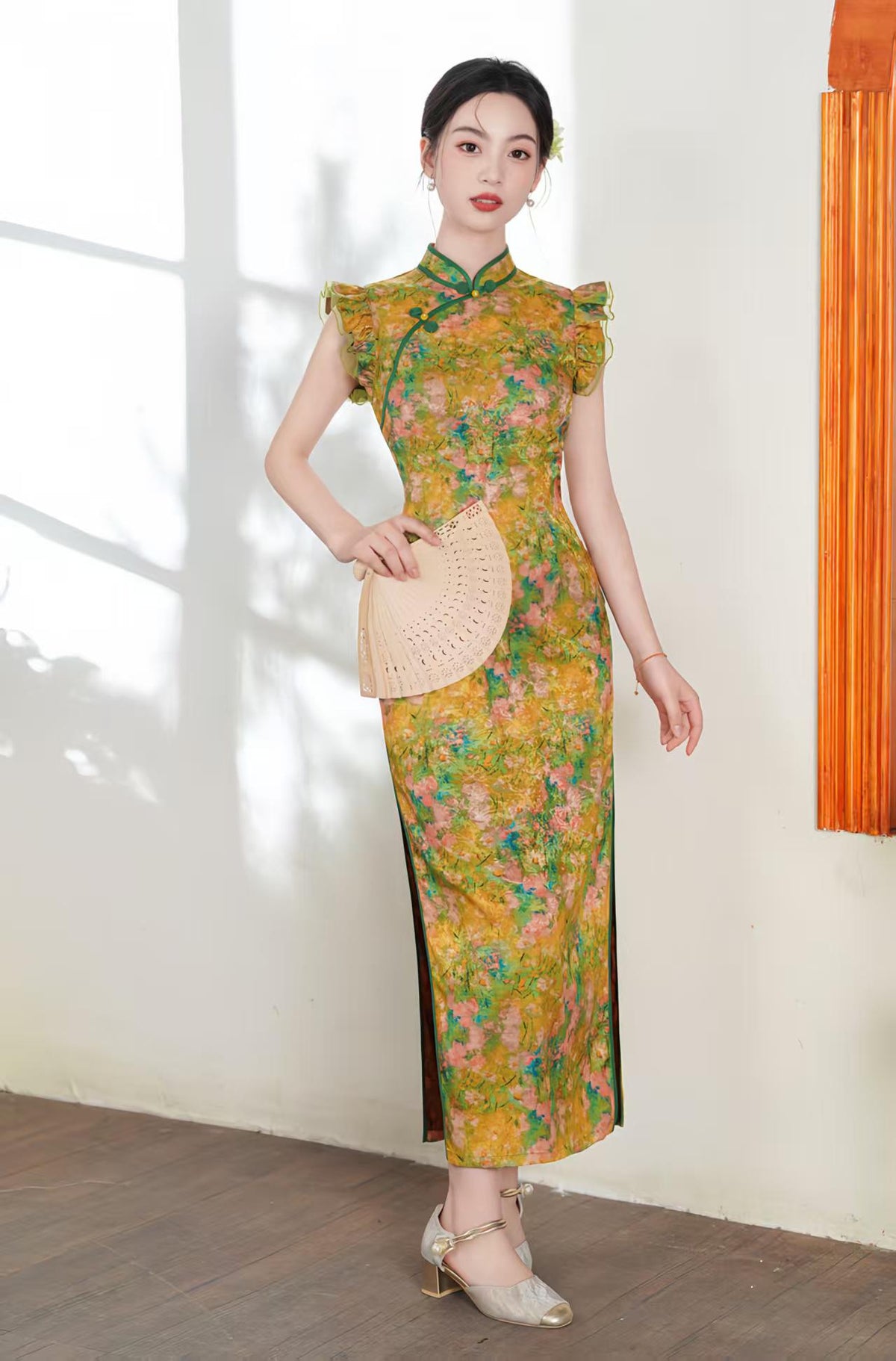 Women's Green Floral Satin Qipao Cheongsam Dress – Fitted – additional product view