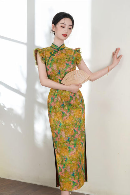 Women's Green Floral Satin Qipao Cheongsam Dress – Fitted – additional product view