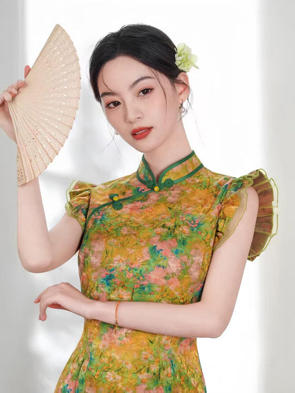 Women's Green Floral Satin Qipao Cheongsam Dress – Fitted – additional product view