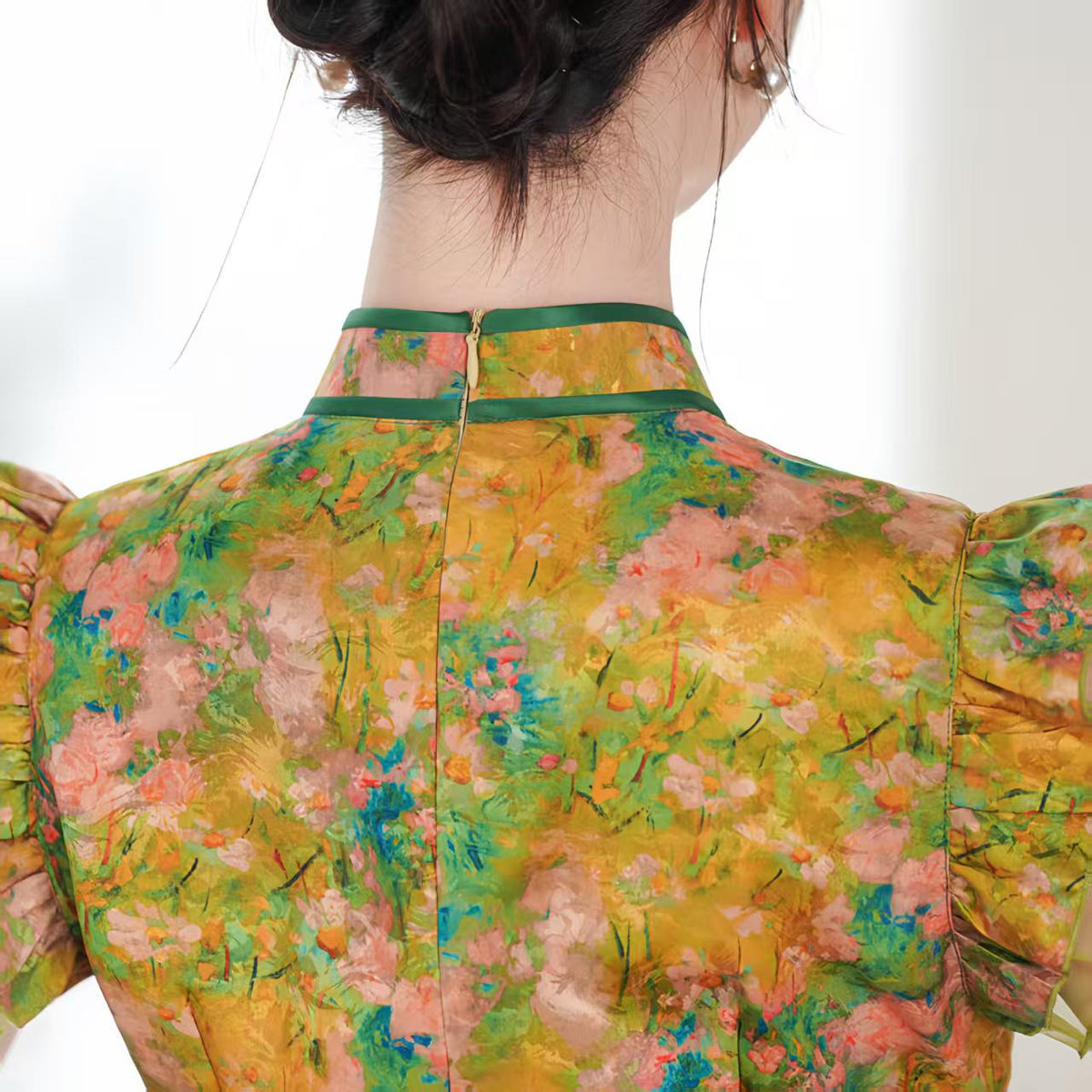 Women's Green Floral Satin Qipao Cheongsam Dress – Fitted – additional product view