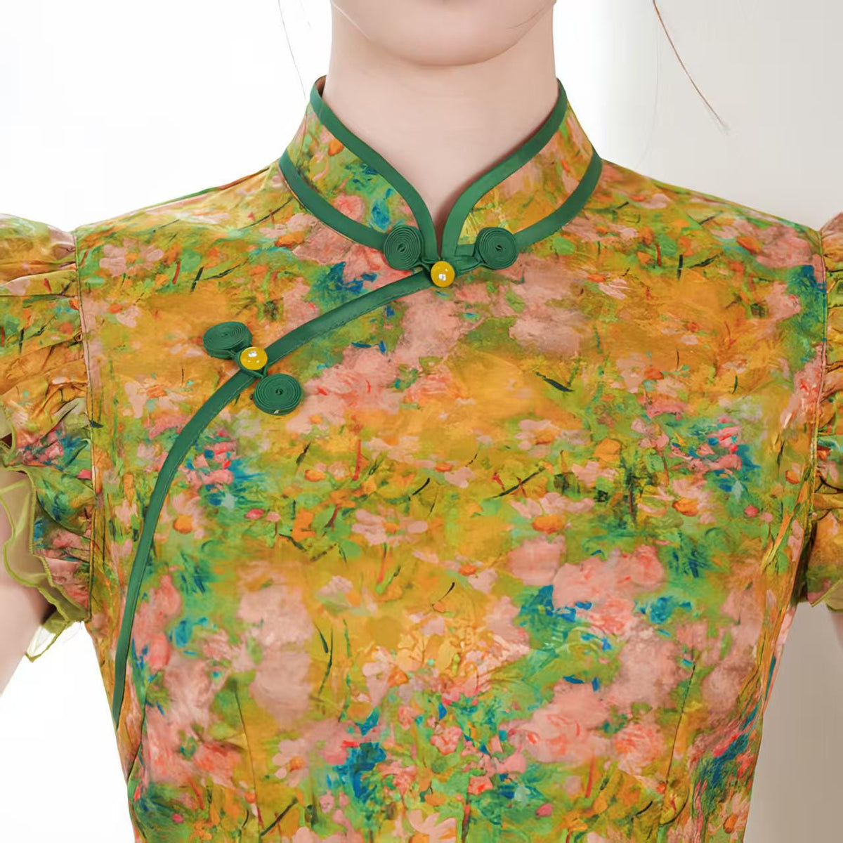 Women's Green Floral Satin Qipao Cheongsam Dress – Fitted – additional product view