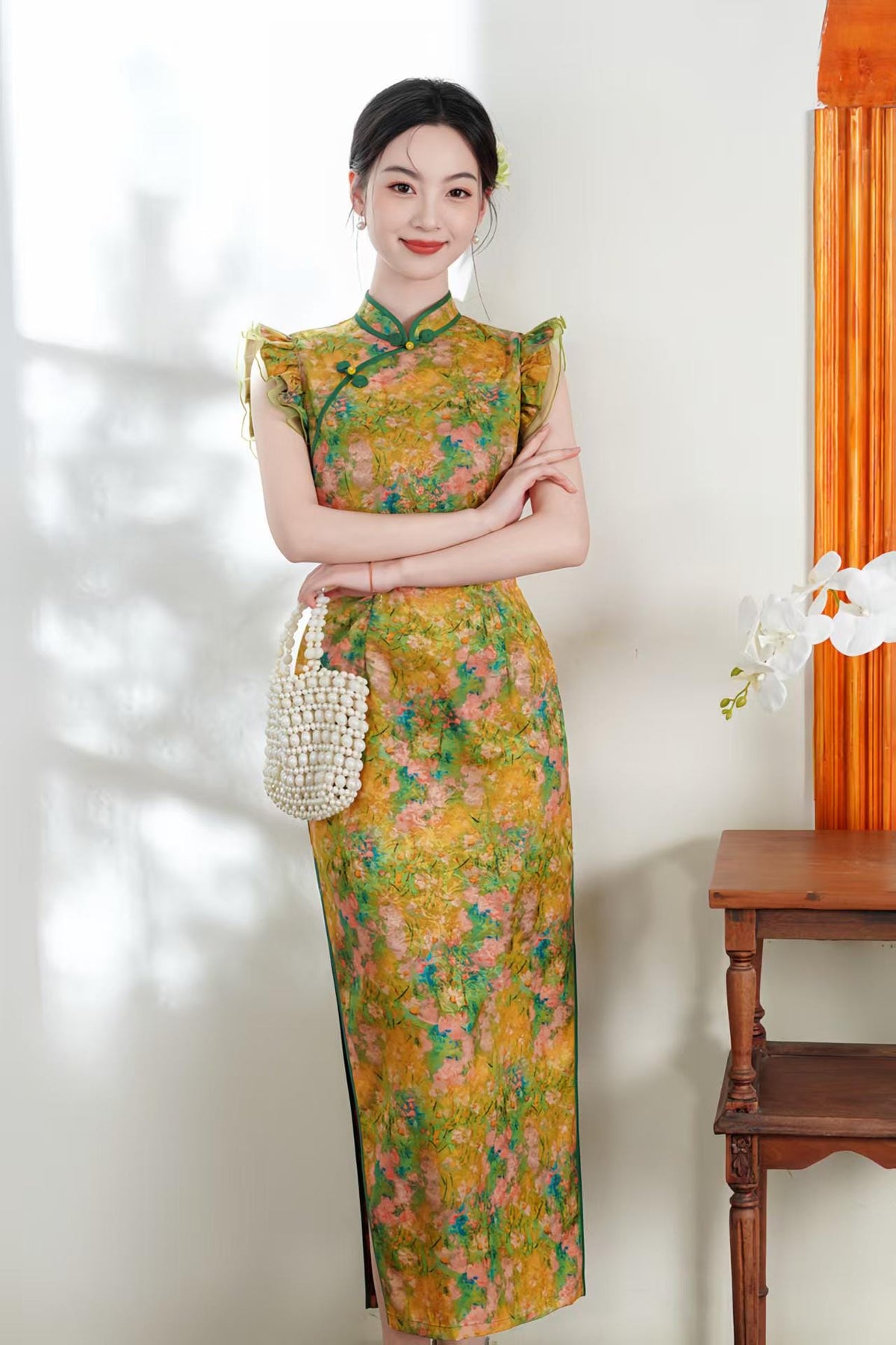 Women's Green Floral Satin Qipao Cheongsam Dress – Fitted – additional product view
