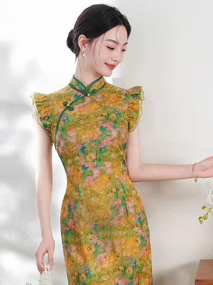 Women's Green Floral Satin Qipao Cheongsam Dress – Fitted