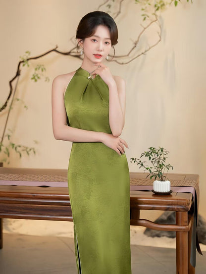 Women's Green Vintage Qipao Cheongsam Dress – Jacquard Maxi Fitted