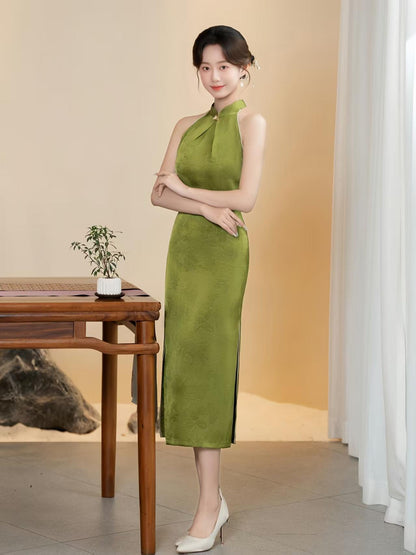 Women's Green Vintage Qipao Cheongsam Dress – Jacquard Maxi Fitted – additional product view
