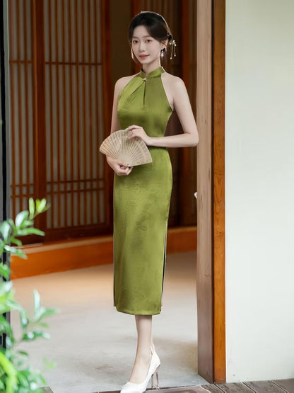 Women's Green Vintage Qipao Cheongsam Dress – Jacquard Maxi Fitted – additional product view