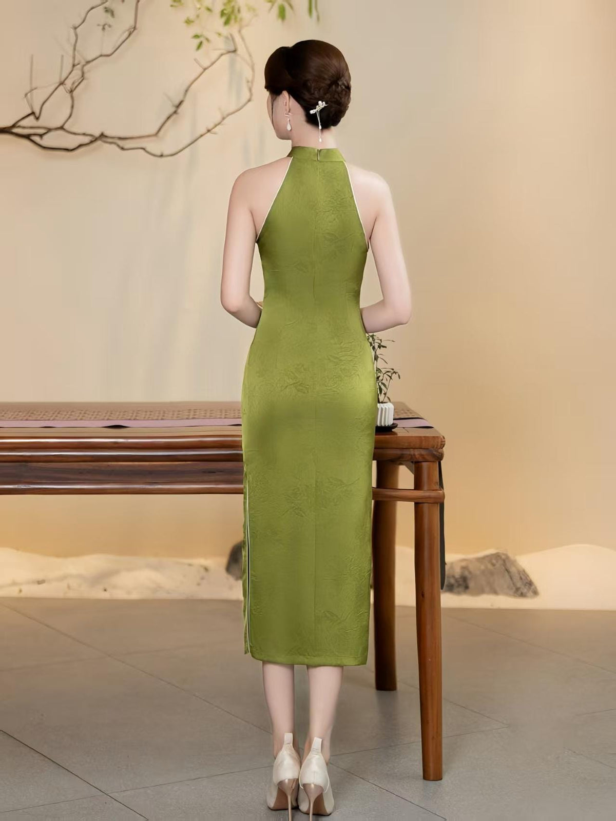 Women's Green Vintage Qipao Cheongsam Dress – Jacquard Maxi Fitted – additional product view