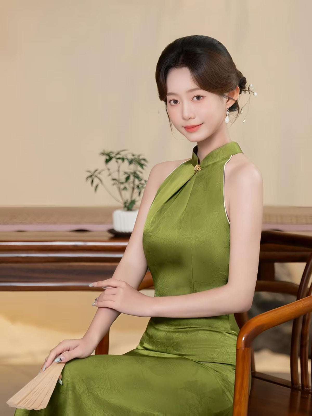 Women's Green Vintage Qipao Cheongsam Dress – Jacquard Maxi Fitted – additional product view