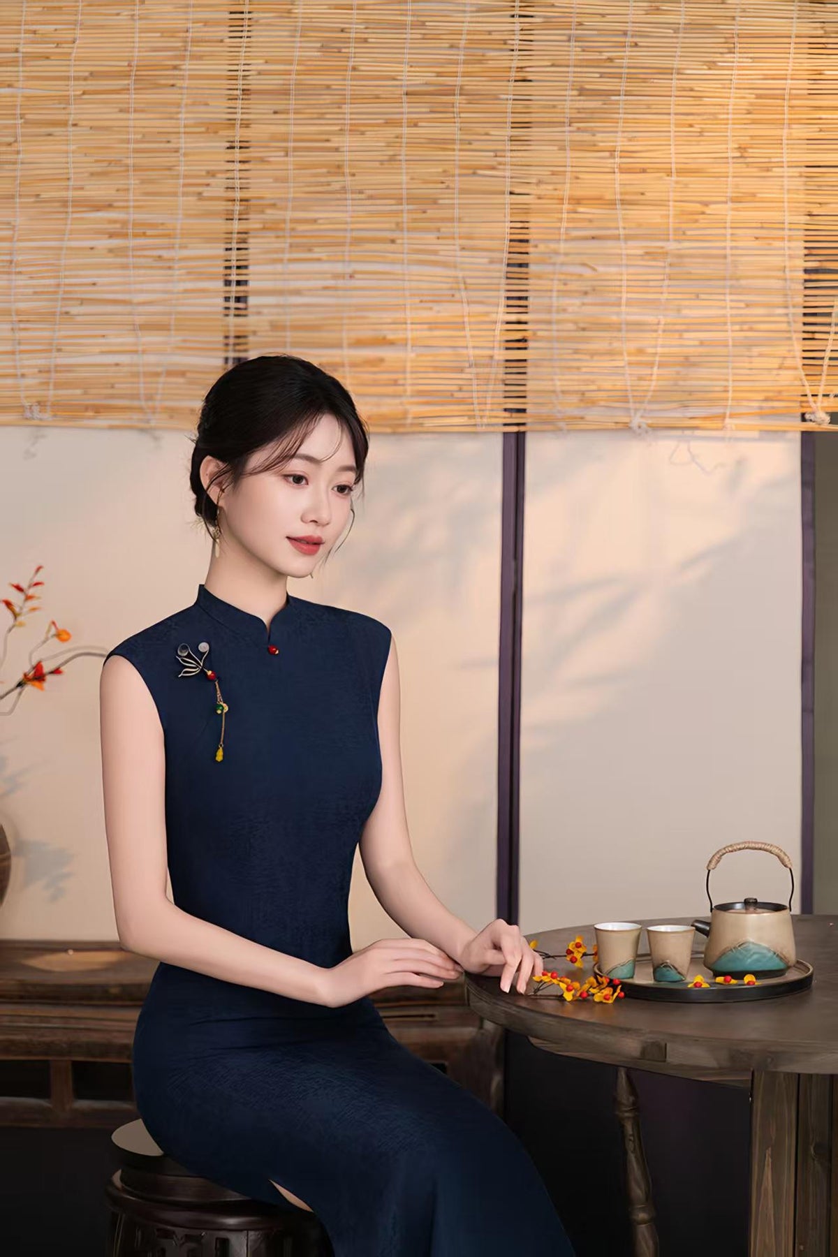 Women's Blue Vintage Qipao Cheongsam Dress – Linen Fitted – additional product view