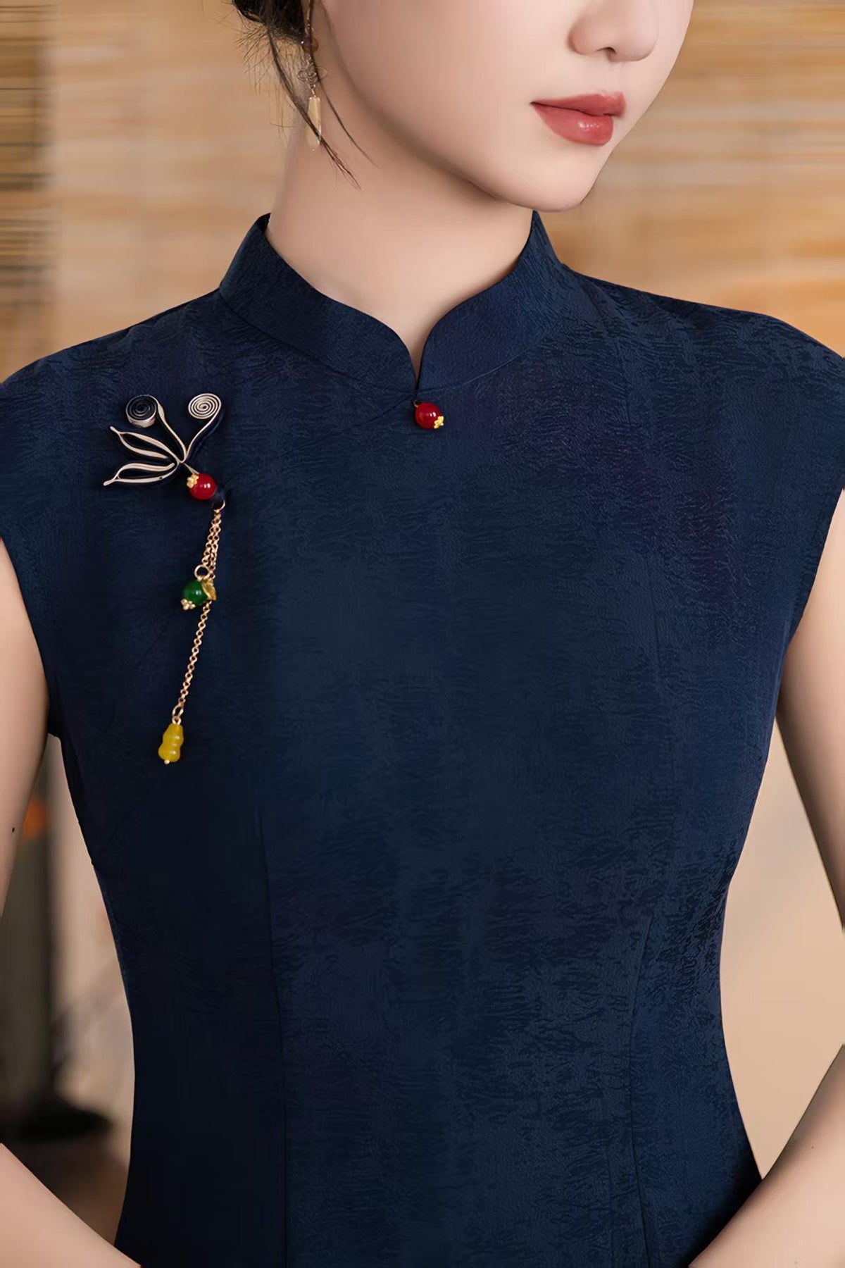 Women's Blue Vintage Qipao Cheongsam Dress – Linen Fitted – additional product view