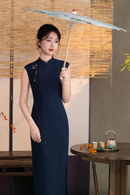 Women's Blue Vintage Qipao Cheongsam Dress – Linen Fitted – additional product view
