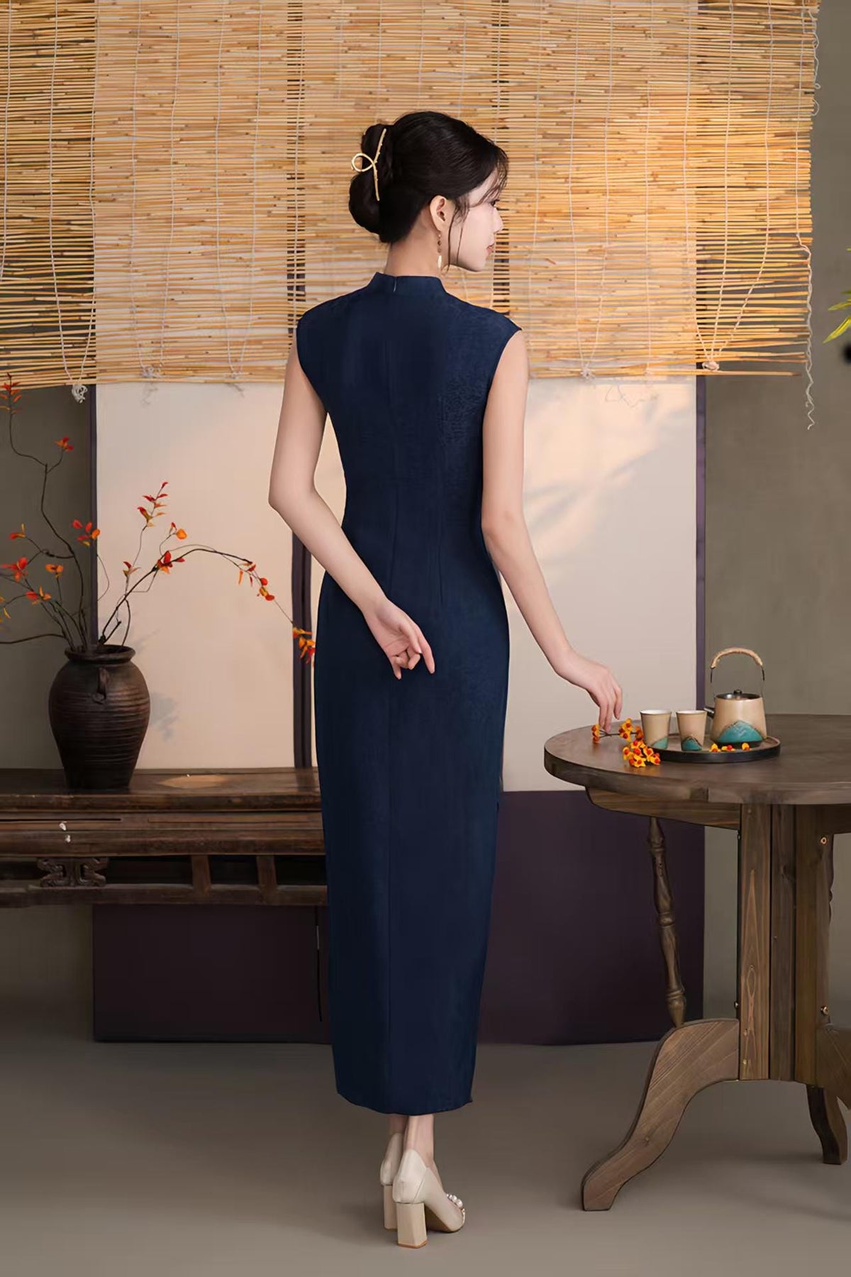 Women's Blue Vintage Qipao Cheongsam Dress – Linen Fitted – additional product view