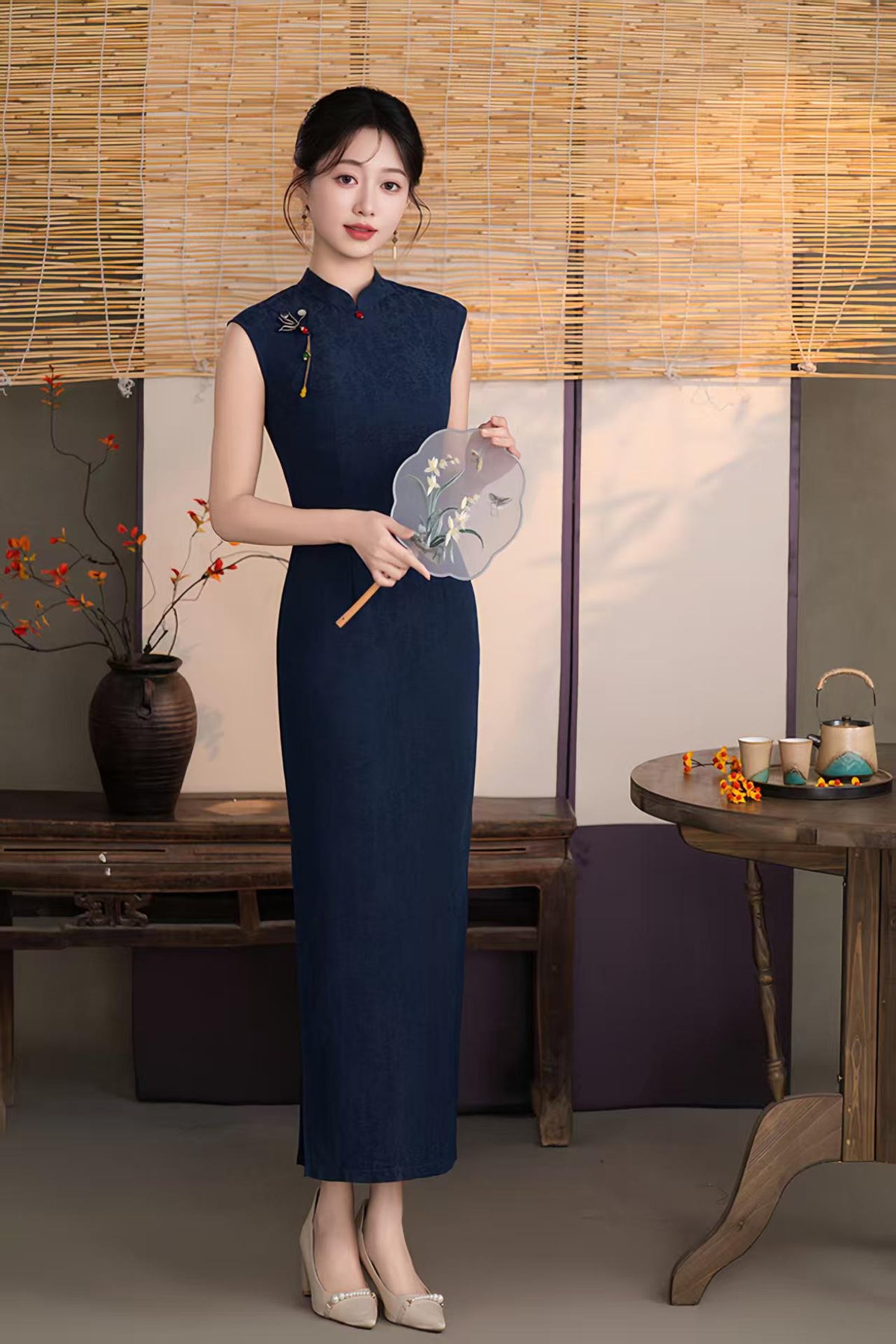 Women's Blue Vintage Qipao Cheongsam Dress – Linen Fitted – additional product view