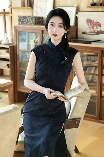 Women's Black Vintage Qipao Cheongsam Dress – Linen Fitted – additional product view