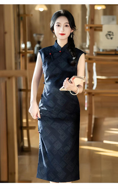 Women's Black Vintage Qipao Cheongsam Dress – Linen Fitted – additional product view