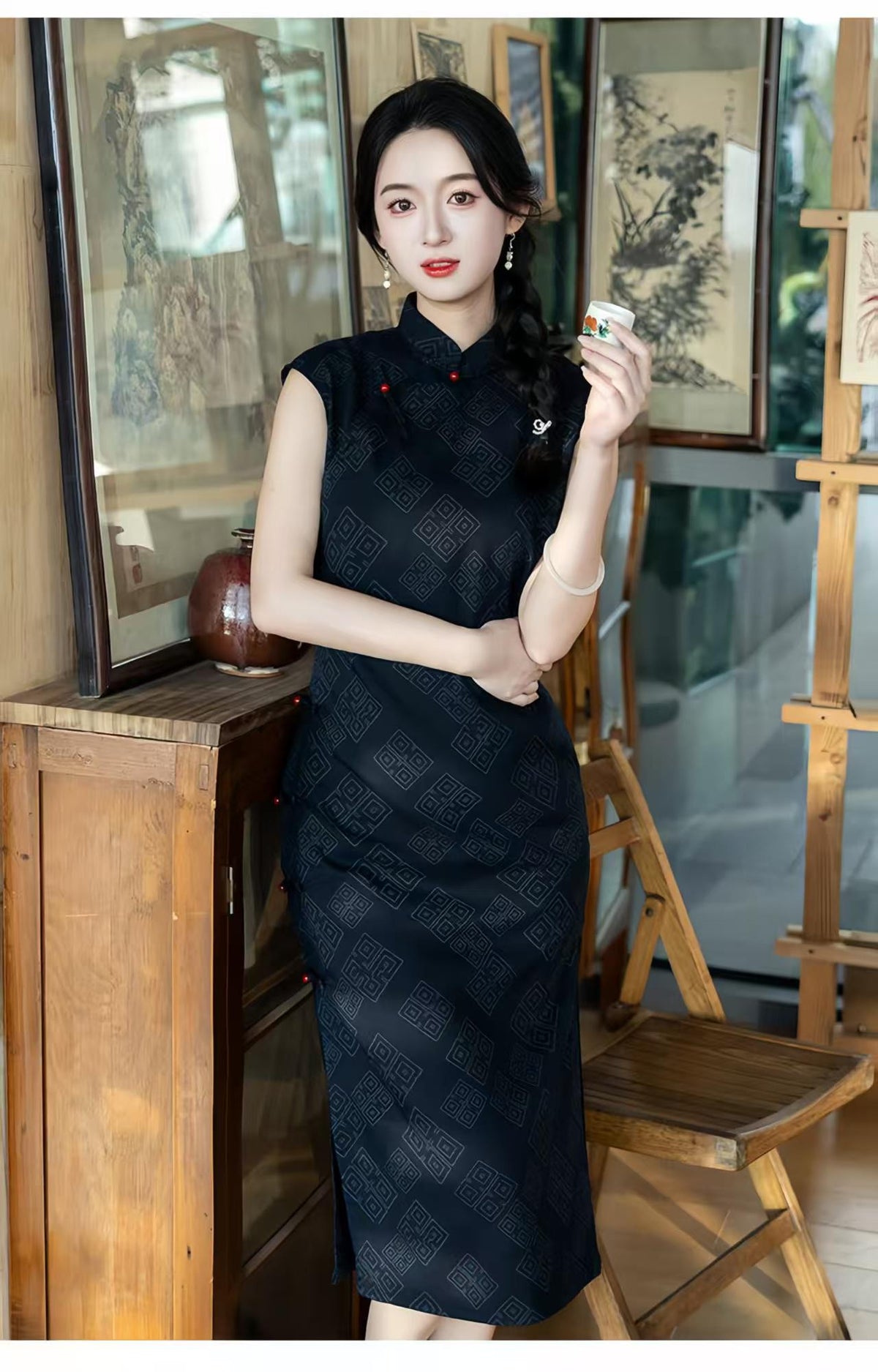 Women's Black Vintage Qipao Cheongsam Dress – Linen Fitted – additional product view