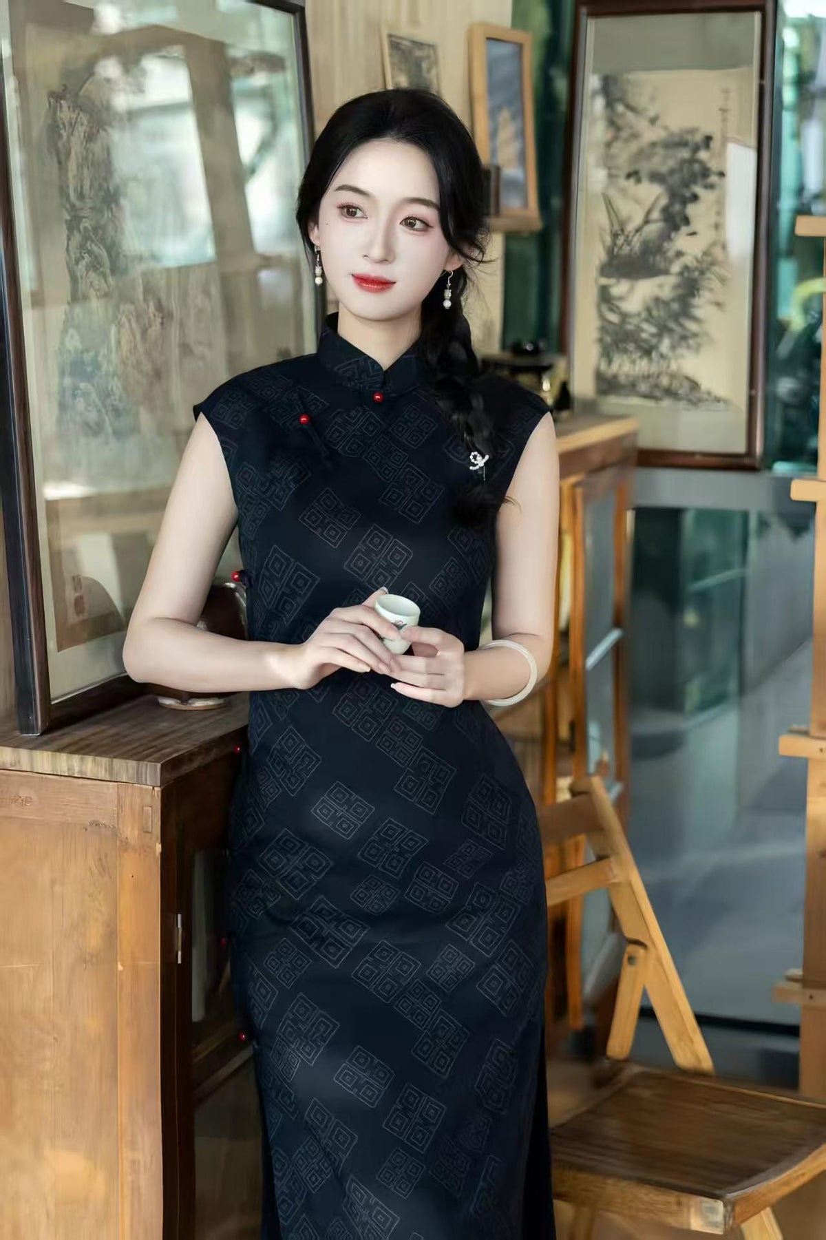 Women's Black Vintage Qipao Cheongsam Dress – Linen Fitted – additional product view
