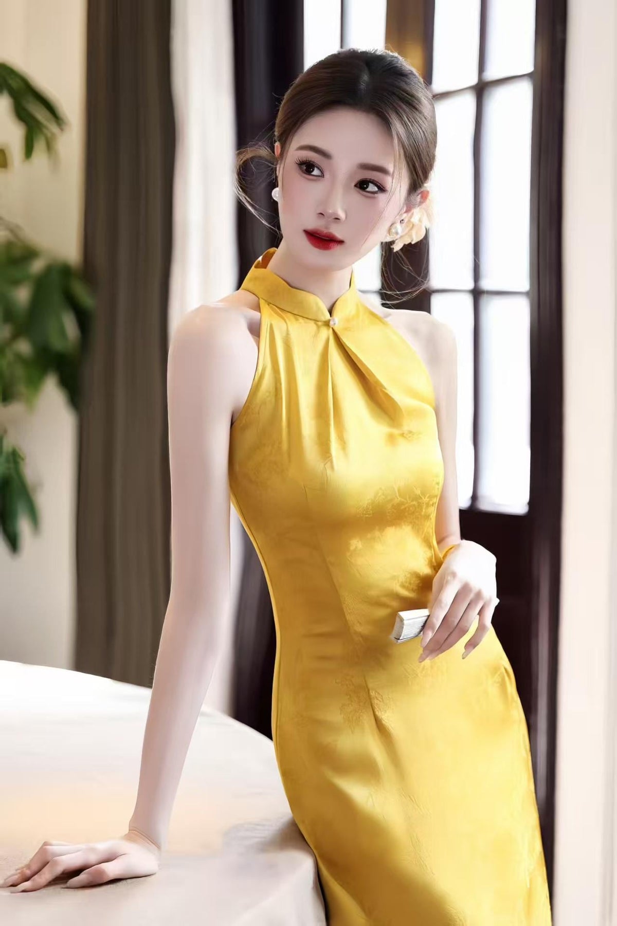 Women's Gold Vintage Qipao Cheongsam Dress