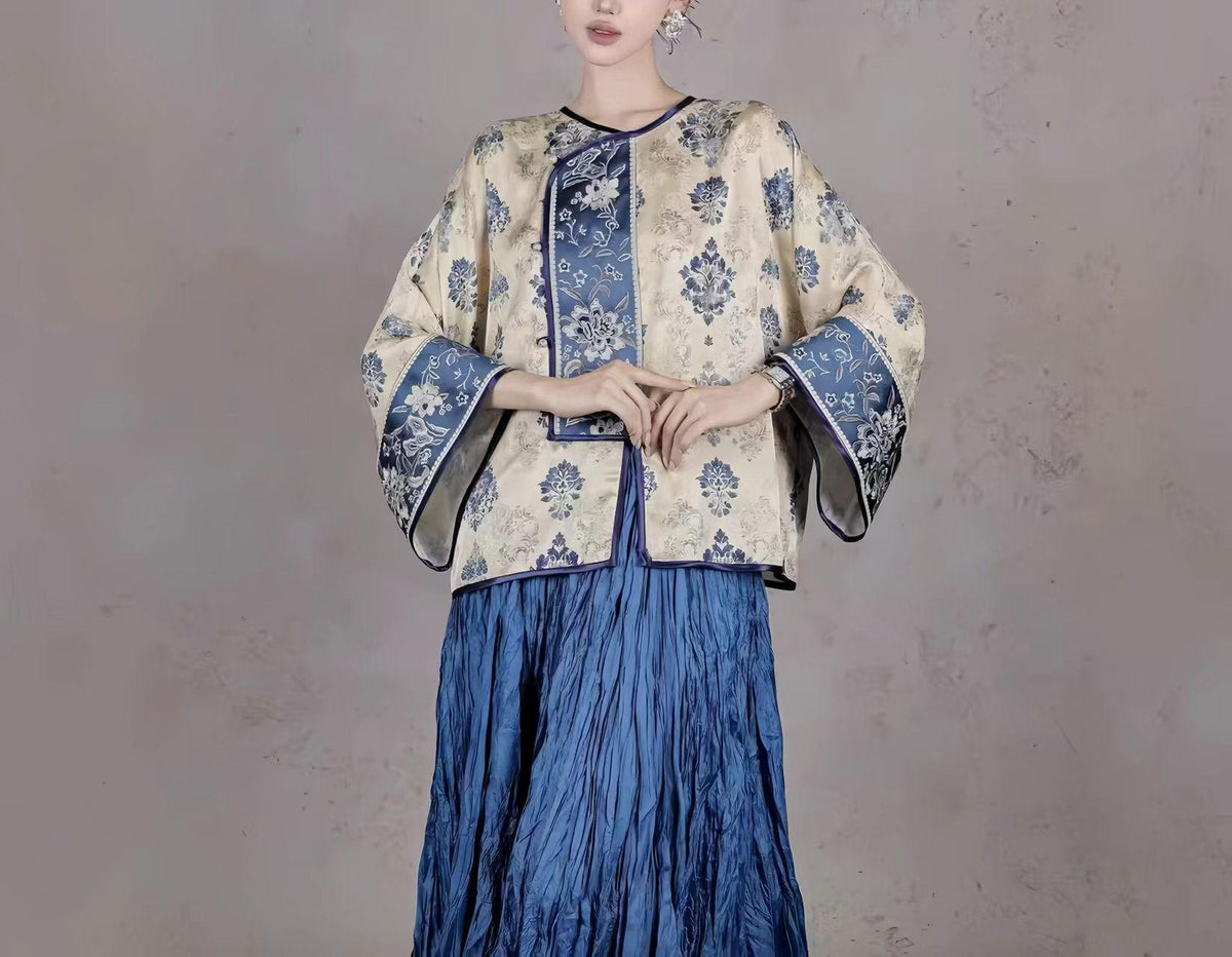 Women's Blue Floral Satin Chinese Tang Jacket