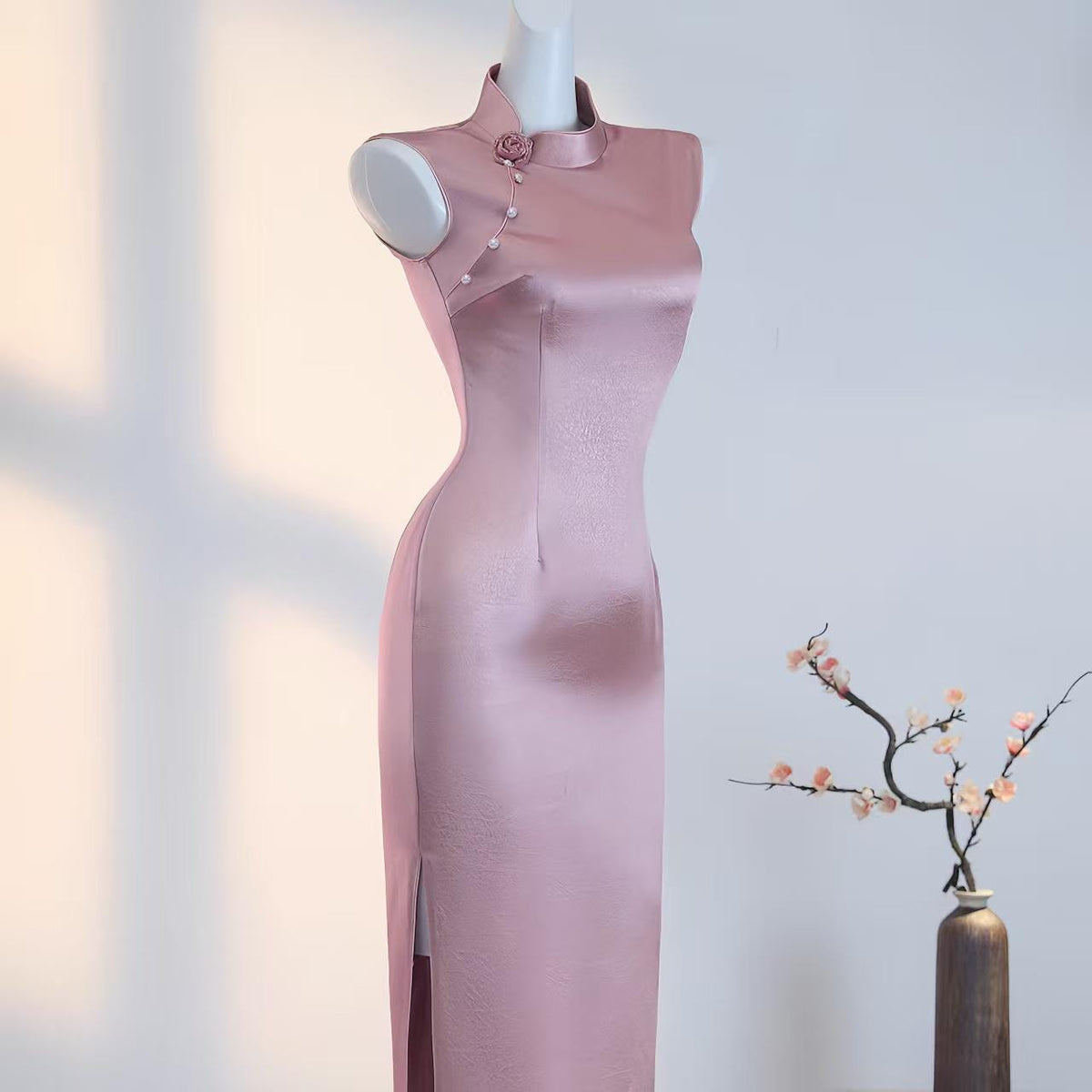 Women's Pink Elegant Satin Qipao Cheongsam Dress – additional product view
