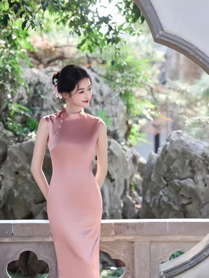 Women's Pink Elegant Satin Qipao Cheongsam Dress – additional product view
