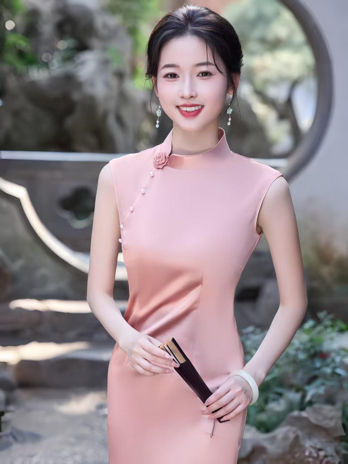 Women's Pink Elegant Satin Qipao Cheongsam Dress – additional product view