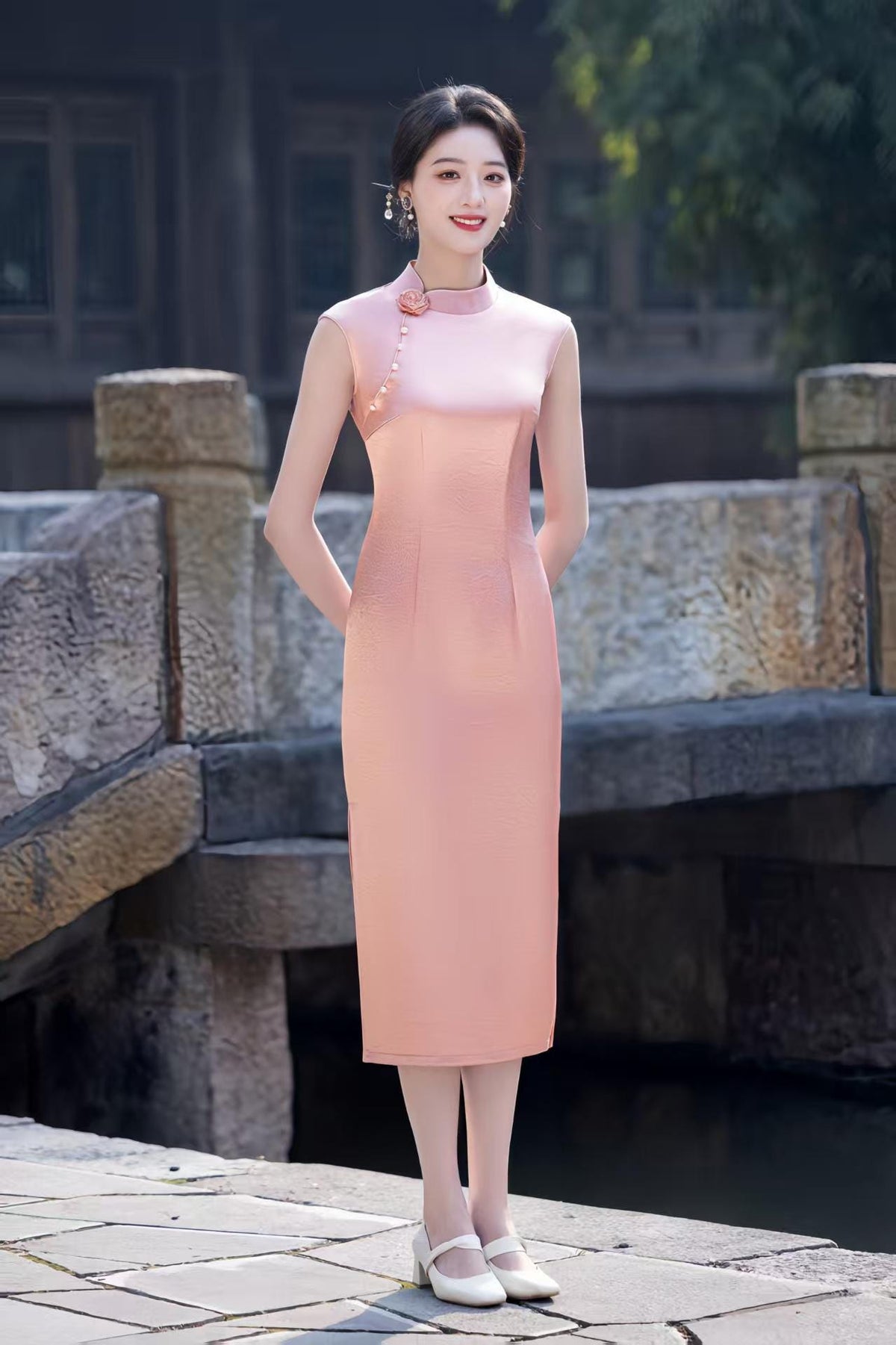 Women's Pink Elegant Satin Qipao Cheongsam Dress – additional product view