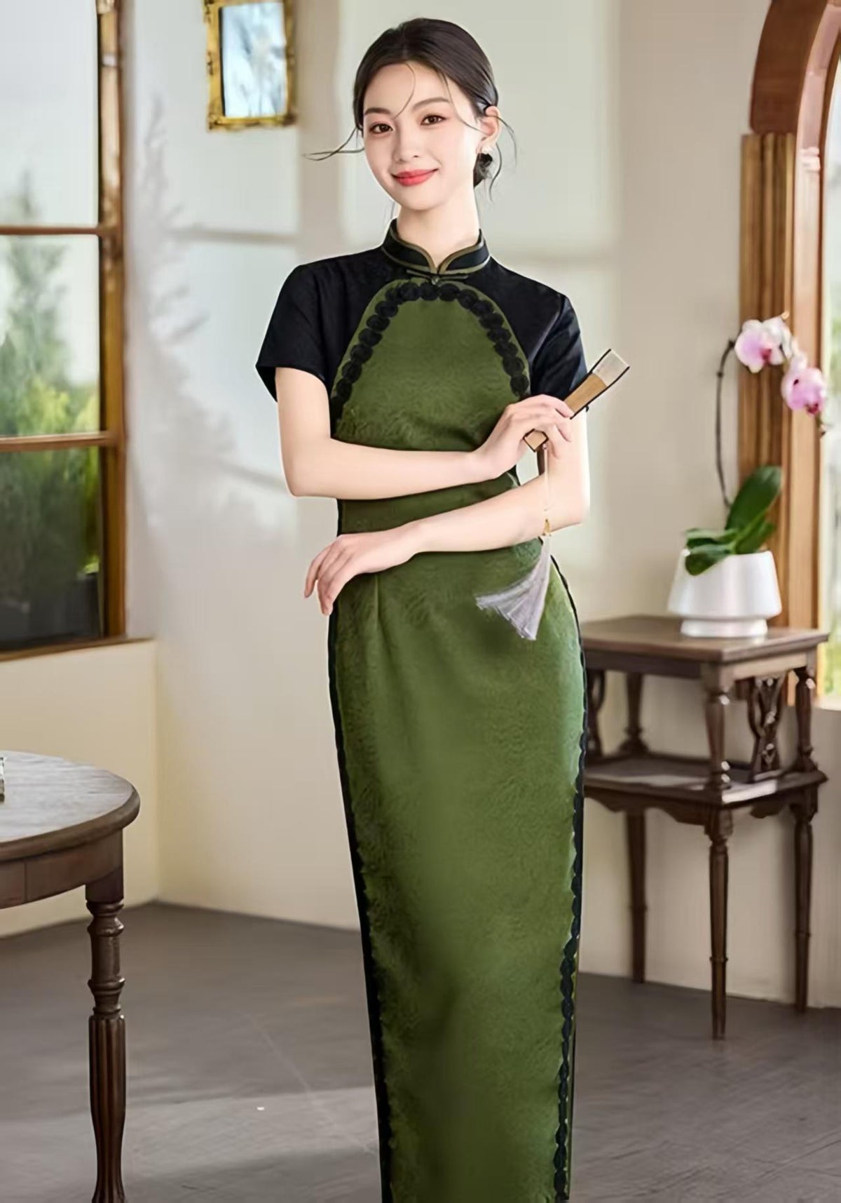 Women's Green Elegant Qipao Cheongsam Dress – Midi Fitted – additional product view