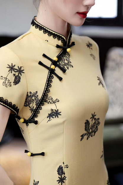 Women's Embroidered Qipao Cheongsam Dress – Linen Fitted – additional product view