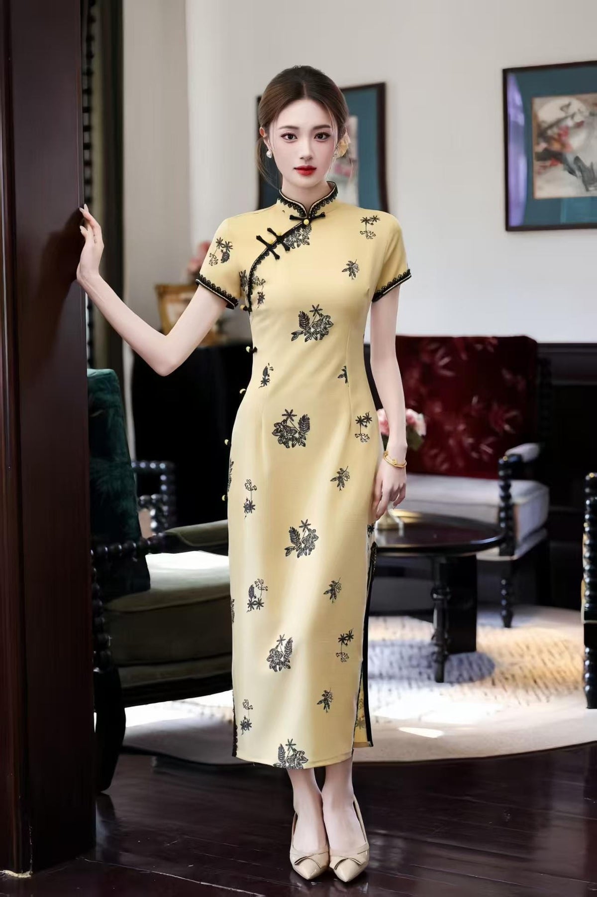Women's Embroidered Qipao Cheongsam Dress – Linen Fitted – additional product view