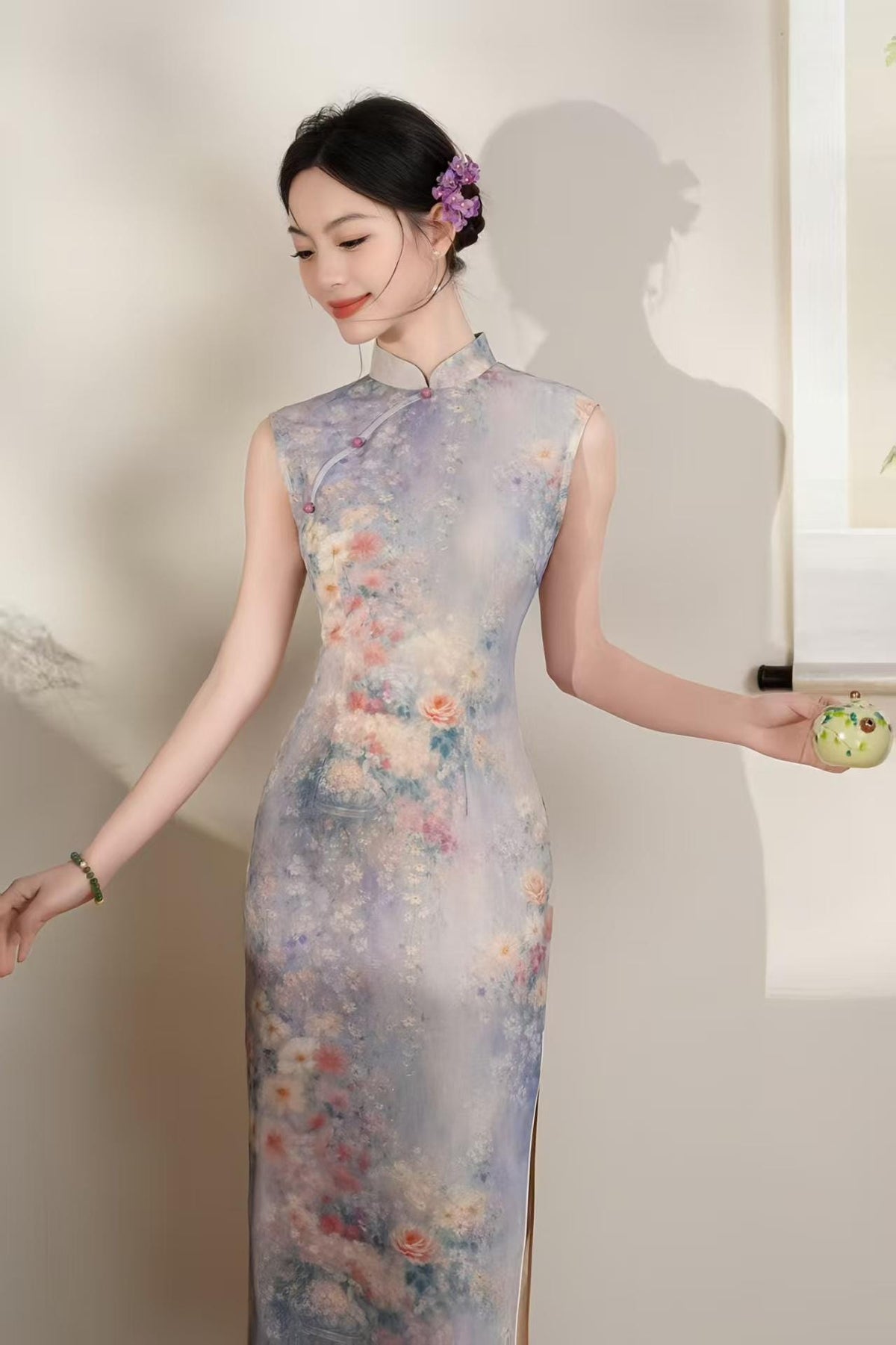 Women's Floral Qipao Cheongsam Dress – Purple Linen Midi Fitted – additional product view