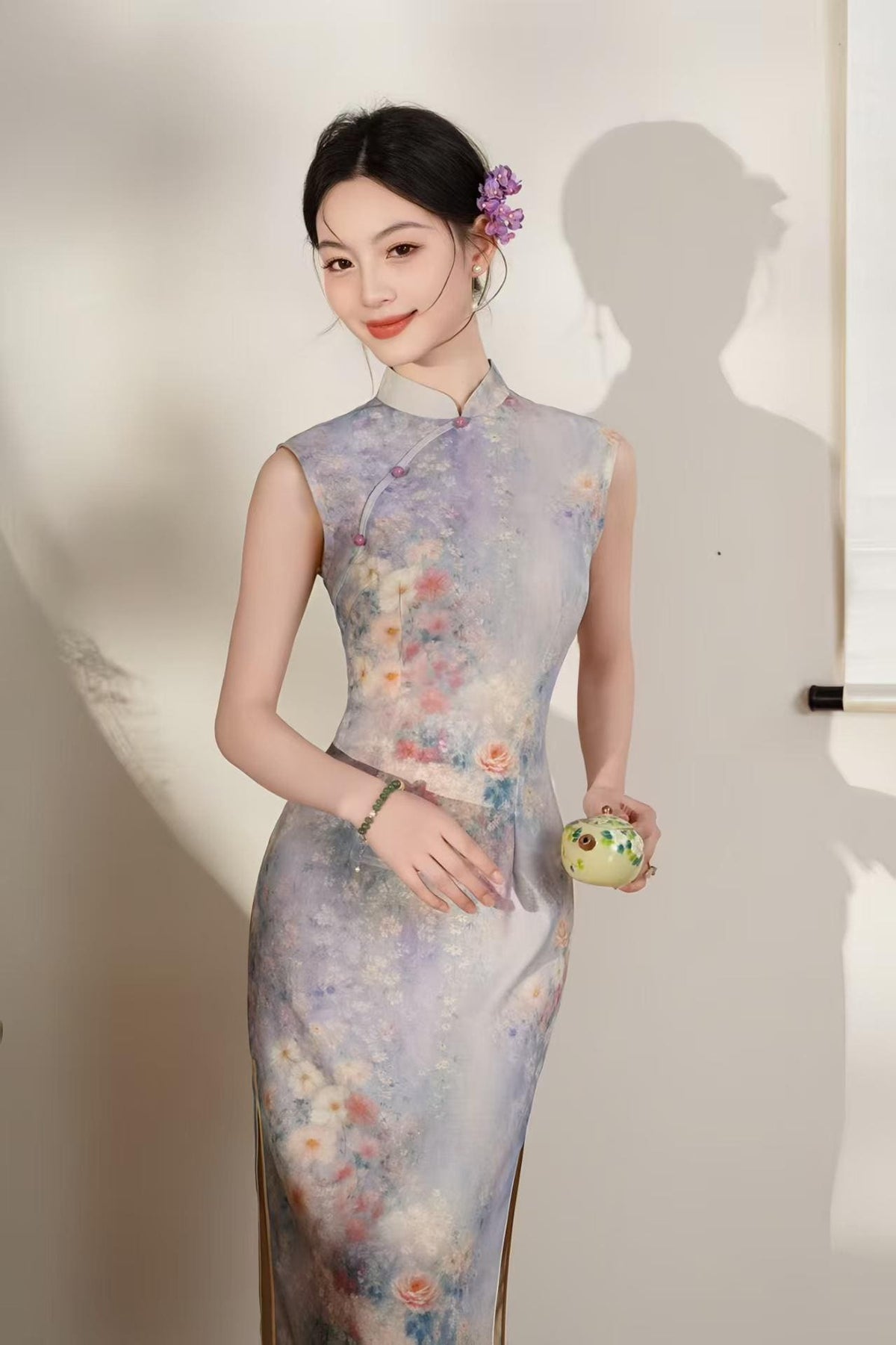 Women's Floral Qipao Cheongsam Dress – Purple Linen Midi Fitted