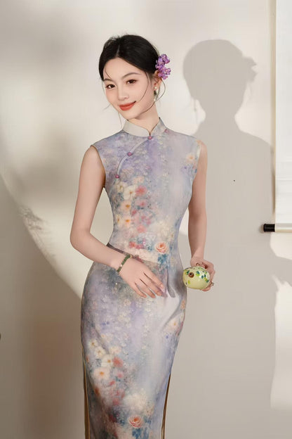 Women's Floral Qipao Cheongsam Dress – Purple Linen Midi Fitted