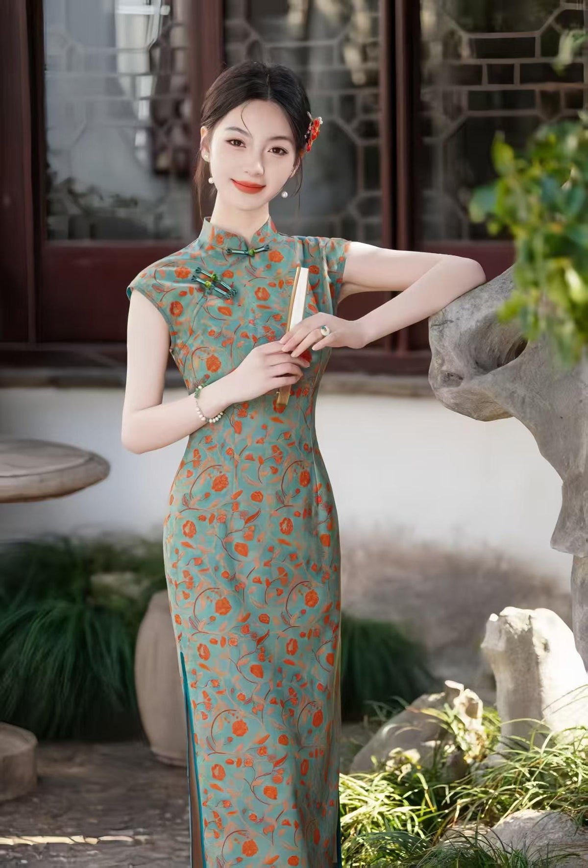 Women's Blue Vintage Satin Qipao Cheongsam Dress – additional product view