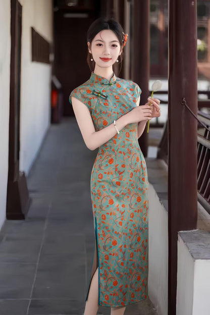 Women's Blue Vintage Satin Qipao Cheongsam Dress – additional product view